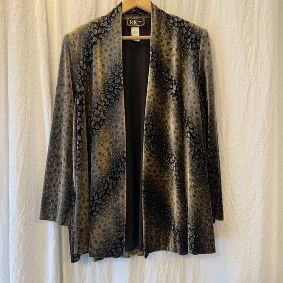 Vtg R&K Evening Vintage Black Brown Gold Velvet Sparkle Open Front Jacket Sz 12 - Picture 1 of 10